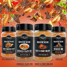 Seasoning Gift Set By Fresh Finest – Cajun Spice, Smoky BBQ Rub, Honey Sriracha, Mexican BBQ – Kosher, Gluten-Free, Non-GMO – Perfect Spices for Bold and Spicy Food Lovers (4-Pack)