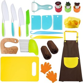 RISICULIS 11 Pieces Wooden Kids Kitchen Knife, Kids Knife Set Include Wood Kids Knife, Serrated Edges Plastic Toddler Knife, Crinkle Cutter, Sandwich Cutter, Y Peeler, Cutting Board - Color: 21 Pcs Giraffe Set