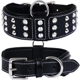Genuine Leather Studded Dog Collar | Brazier Rivet | 2” Wide Dog Collar | Saddle Grade, Heavy Duty, Cushion Padding | Best for Medium, Large, XL Dog Breeds (M (Fit Neck Size 14.5"-18.5"), Black)