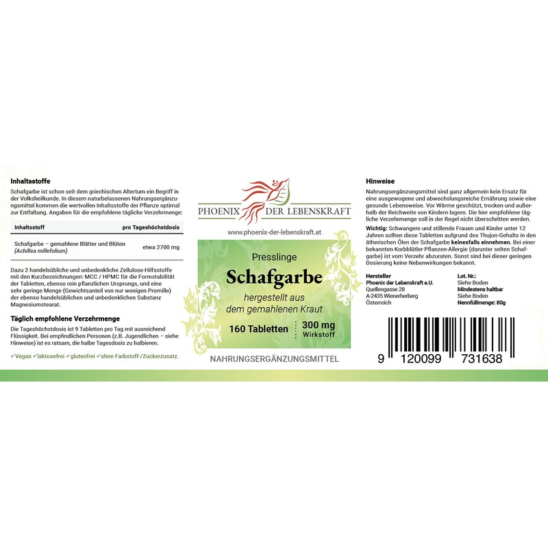 Yarrow Tablets - 300 mg Active Ingredient, Achillea Millefolium Tablets,