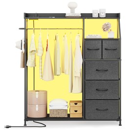 ErgoDesign 2-in-1 Dresser with Hanging Rack, 5 Drawers Dresser for Bedroom, White Drawer Dressers with Hooks for Bedroom, Living Room, Entryway, Closets (Grey)