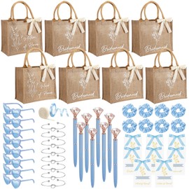 Locmeo 50 Pcs Bridesmaid Proposal Gifts Bulk Include Bridal Reusable Grocery Bags Invited Cards Ribbons Heart Sunglasses Hair Scrunchies Diamond Pens Bracelets for Maid of Honor Gifts(Blue)