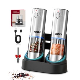 RXKJ Electric Salt and Pepper Grinder Set, Stainless Steel Automatic Pepper Grinder with Upgraded Charge Base and LED Light, Adjustable Coarseness, Rechargeable Sea Salt Spice Mill Set, Ideal for Kitchen