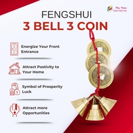 Plus Value Fengshui Vastu Lucky Brass Hanging 3 Bell Three Chinese Coins Main Entrance Door Hanging for Home Office Wealth Prosperity Spiritual Decor (4.5 x 2.5 x 7.5 cm, Multicolour)