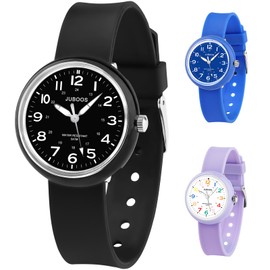 Juboos Children's watch, children's watch, boys and girls, analogue quartz watch with children's watch, light, 50 m, waterproof, learning time, wristwatch, children, boys, 4-12, black, Modern