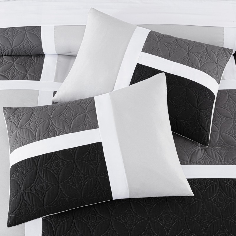 Chezmoi Collection Upland 7-Piece Quilted Patchwork Comforter Set, Black/Gray/Light Gray,