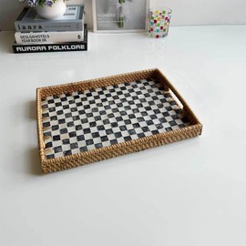 Zovylks Handmade Mother of Pearl Rattan Serving Tray with Handles 13" x 9" Natural Shell Mosaic Pattern Ottoman Tray for Storage and Display of Coffee Bread Food Fruit (Black White Checkered)