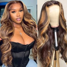 Highlight Ombre Lace Front Wigs Human Hair 4/27 Honey Blonde Body Wave Wigs For Black Women 13x4 HD Transparent Lace Front Wigs 180% Density Glueless Pre Plucked Piano Colored Human Hair Wig 32 Inch