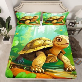 Cartoon Tortoise Kids Fitted Sheet Full Size,Jungle Botanical Plants Bedding Set,Boys Men Room Decor,Turtle Wild Reptile American Animals Rustic Bed Cover,Green Bed Sheet,2 Pillowcases