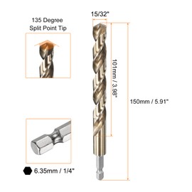 sourcing map 1/4" Hex Shank Drill Bit 15/32" Gold Oxide M35 High Speed Steel Twist Drill Bit 135 Degree Split Point Tip Drilling Tool with Quick Change Hex Shank for Metal Wood Plastic