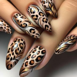 Leopard Print Press on Nails Brown Fake Nails Long Stiletto False Nails with Design Feather Glue on Nails Glossy Artificial Acrylic Full Cover Nude Stick on Nails for Women Manicure 24Pcs