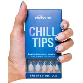 Chillhouse Chill Tips Signatures Press On Nails Kit, 2.0 Checked Out - 24 Nail Shapes & Sizes, Dual-Sided Buffer & File, Cuticle Stick & Glue - Long-Lasting Nail Art Manicures