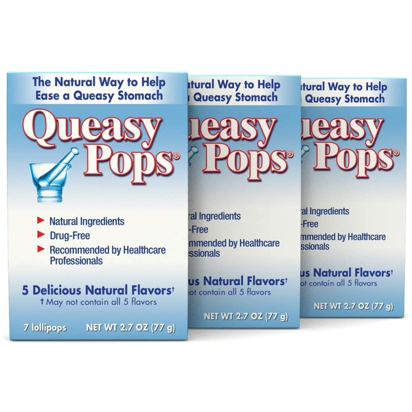 Queasy Pops | Nausea Relief (Chemo, Motion Sickness, Hangover etc.) | Drug Free & Gluten Free | 7 Flavors: Green Tea with Lemon, Ginger, Peppermint & More, 7 Count (Pack of 3)