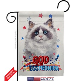 Patriotic Blue Bicolor Ragdoll Garden Flag Set with Stand Animals Cat Kitten Meow Spoiled Paw Fur Pet Nature Farm Animal Creature Small Gift Yard House Banner Double-Sided Made In USA 13 X 18.5