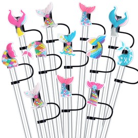Ziliny 12 Pcs Summer Tail Mermaid Straw Covers Summer Silicone Straws Tips Cover Protector Straw Toppers for Tumblers Cap Dustproof Reusable Tip Lids for 1/4-1/3 in Drinking Cup Accessories