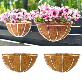 LaLaGreen Large Wall Planters, 2 Pack, 16 Inch Wall Hanging Pots with Coco Liner, White Metal Wire Rail Flower Basket Box Outdoor Outside Fence Railings Plant Holder Deck Porch Balcony Garden Decor