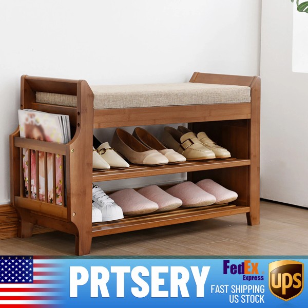 OCASAMI Bamboo Shoe Rack 2 Tier Bench w/ Removable Cushion