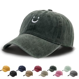 WENAUANG Unisex Smiley Face Retro Cotton Baseball Cap, Washed Distressed Look, Suitable for Outdoor Sports, for Men and Women, Army Green