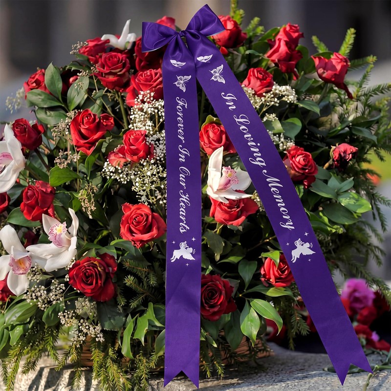 2 Pcs 63x3.8'' Memorial Funeral Sash with Pin, White,Purple, Delicate
