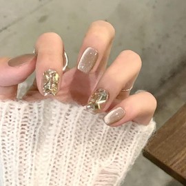Nail Tips, Short, Medium, 24 Pieces, Gold, 3D Nail Stickers, Cat Eye, False Nails, Popular, Japanese Style, Cute, Simple, Fashionable Party, Autumn, Winter, Spring and Summer, Can be Used for Everyday Use, Bride Nails, Coming-of-age Ceremonies, School En