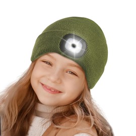 Etsfmoa Unisex Beanie with The Light,Gifts for Kids Boys and Girls Children USB Rechargeable Headlamp The Cap Olive Green