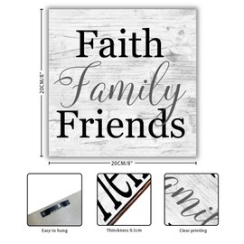 Faith Family Friends Wood Sign Spiritual Quote Saying Wood Plaque Sign Farmhouse Style Wall Decor Funny Home Decoration Sign for Kids Bathroom Home Bedroom Living Room Housewarming Gift 8x8in
