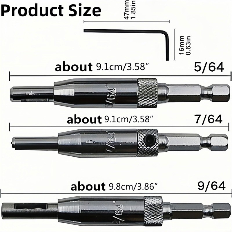 Self Centering Drill Bit Set, 5/64" 7/64" 9/64" Hinge Dowel