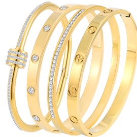 Camhanno Stainless Steel Bangle Bracelet Set for Women - Silver/Gold Love Bangle Jewelry with Sparkling Crystal Inlay for Love Gifts (Gold-2)
