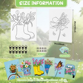 COCHIE 6 Pack 8x10 Inches Spring Flower Pre Drawn Canvas to Paint for Sip and Paint Party, Pre Printed Framed Canvases Set, Umbrella Butterfly Truck Pre Sketched Canvas for Painting for Adults Kids