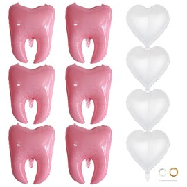 Xiuhusha Tooth Balloons, 10pcs Pink Tooth Foil Balloons Heart Balloons Tooth Birthday Party Decorations Mylar Balloons for Clinic Dentist Decoration Teeth Theme Party Decoration Baby Shower