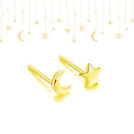 Hinvan 2 Pairs Set 18K Gold Earrings for Women Men Children Girls Star Stud Earrings Moon Star Earrings Hanging Gold Hoop Earrings Small Piercing, small, Sterling Silver, No Gemstone