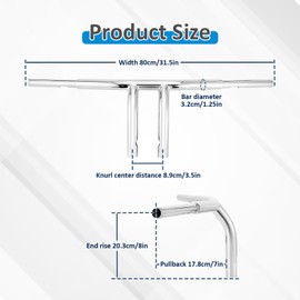 Wsays 8" Rise T-Bar Handlebars Drag Bar 1 1/4 inch Diameter Compatible with Harley Sportster 883 1200 XL Dyna Softail Touring Road King 1996-2024, Chrome