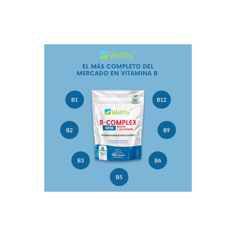 Wellthy Complejo B Cápsulas 120 porciones. Reforzado con Biotina y