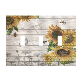 Rustic Sunflower Bee Floral Retro 3 Gang Light Switch Cover Triple Toggle Wall Plate Decorative Faceplate Electrical Switchplate for Bathroom Bedroom Home Decor