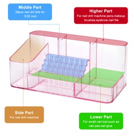 ANRUI Nail Drill Holder, 28 Holes Acrylic Nail Drill Bit Holder, Professional Nail Drill Desk Organizer Case and Storage Box for Manicure Tools - Pink (Not included Tools)