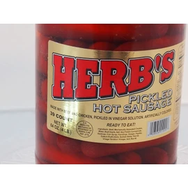 Herbs RED HOT Pickled Sausage (1 Gal. Jar) 39 Count Beef & Chicken No Pork ( From Jersey Candy Company)