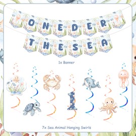 Jollyboom Under the Sea 1st Birthday Party Decoration Boy, Oneder the Sea Party Decoration Banner Hanging Swirl Streamer for Sea Ocean Beach Marine Animal 1st First Birthday Party Decoration