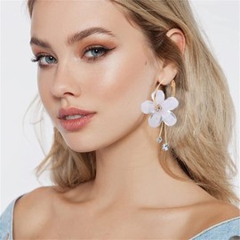 LPYO Rose Flower Earrings for Women Elegant Romantic Bohemian Crystal Acrylic Flower Dangle Drop Earrings Exaggerated Sparkly Five Leaves Flower Round Hoop long Statement Tassel Earring (white)