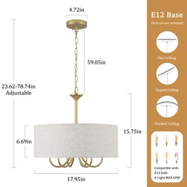 HLJYNJM 6-Light Drum Chandelier, 18'' Modern Farmhouse Gold Chandeliers for Dining Room with Linen Shade, Drum Light Fixture Brass Round Hanging Chandeliers for Living Room Kitchen Island Bedroom