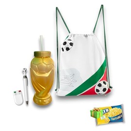 4 Pack Kit Futbol con Mochila Futbol Mágica, Vaso Copa de Futbol Dorada, Pluma de Futbol y Pintacaritas Crayon Tricolor *Incluye Palomitas de cortesía