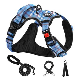 NESTROAD No Pull Dog Harness with Leash, Reflective No Choke Pet Vest, Adjustable Soft Padded Dog Harness with Easy Control Handle for Small Dogs (Checkered Blue, Small)