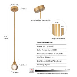 EANLOLY 1-Pendant Lights Kitchen Island, Brass Gold Globe Crystal Ceiling Hanging Light Fxitures, LED Light Fixtures Metal Rod Ceiling Glass Pendant Lighting for Kitchen Island Dining Room Bar