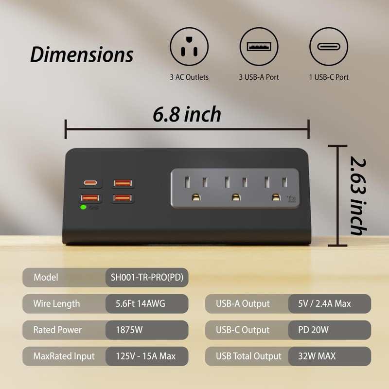 Upgraded Version Edge Mount Power Strip with USB-C Ports Tabletop