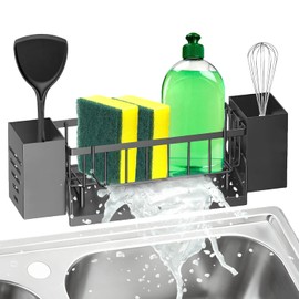 Sink Organiser Black with Towel Holder, Kitchen Organiser Sink with Drain Function, Sponge Holder Sink, Sink Organiser Made of ABS Material and Space-saving for Dishwashing Liquid, Sponges, Cloths