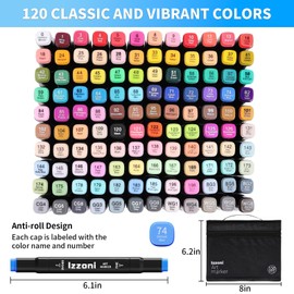 Izzoni 120 Colors Alcohol Markers Set, Dual Tip (Fine & Chisel) Coloring Markers, Permanent Art Drawing Marker for Kids Sketching Adult Coloring with Case and Holders (120 Colors - Black)