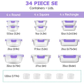 34pcs Glass Food Storage Containers with Lids Set, Airtight Glass Meal Prep Containers (17 Containers & 17 Lids), Leak Proof Lunch Container BPA-Free, Microwave, Oven, Freezer, Dishwasher Safe-Purple