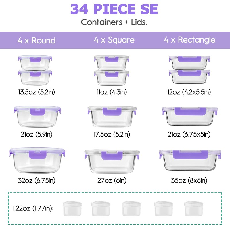 34pcs Glass Food Storage Containers with Lids Set, Airtight Glass