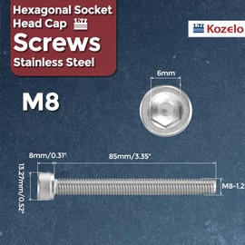 Kozelo Pack of 5 Cylinder Screws with Hexagon Socket - [M8-1.25 x 85 mm] 304 Stainless Steel Full Thread Allen Screw for Electric Motor 3D Printing Fan Motor Replacement, Silver