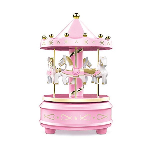 WEofferwhatYOUwant Carousel Music Box - Easy Twist, Pink - 4 Horse Classic Decor, Melody Beethoven's Fur Elise. Fall Asleep to Music Lights or Decorate Your Cake