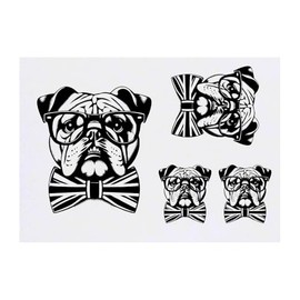 4 x 'Bulldog With Bow Tie' Temporary Tattoos - Water Resistant, Skin-Safe, Non-Toxic Transfers, Mixed Sizes (TO00075430)